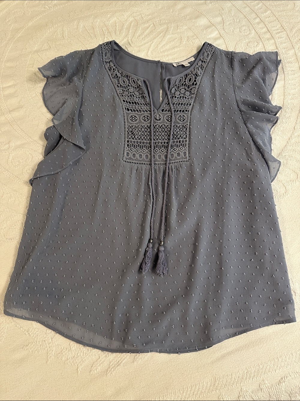 DR2 Slate Blue Crochet Yoke Tassel Blouse